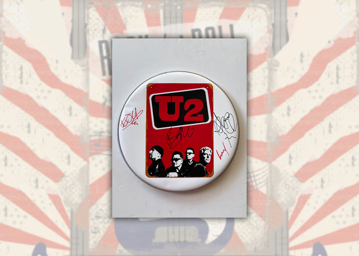 U2 Bono, The Edge, Larry Mullen, Adam Clayton one-of-a-kind drumhead signed with proof