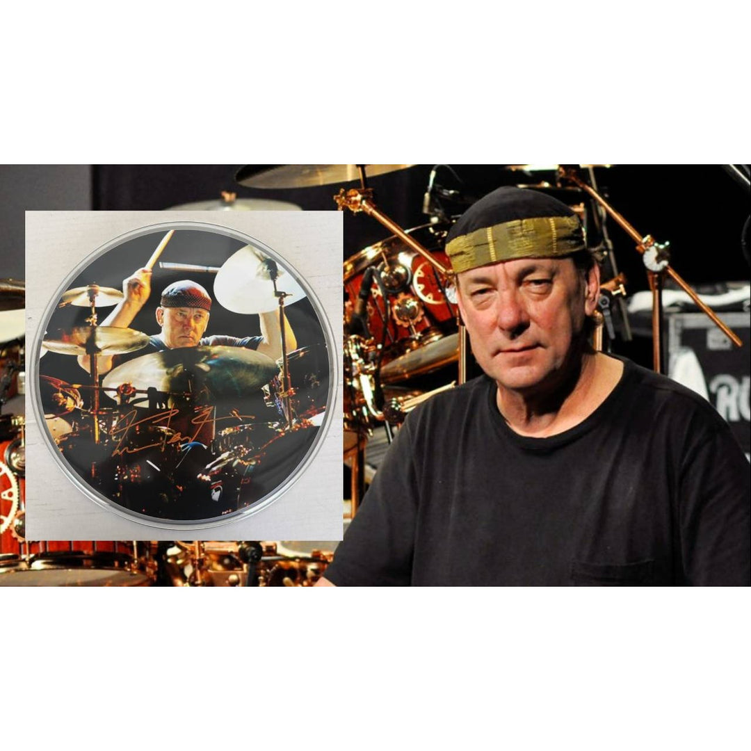 Neil Peart Rushs' iconic drummer one-of-a-kind drumhead signed with proof.