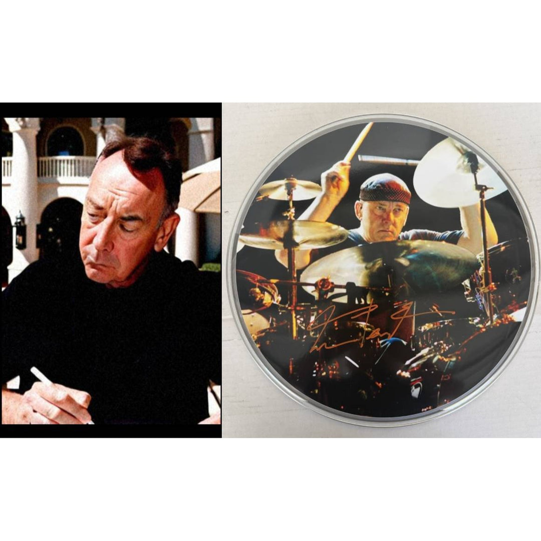 Neil Peart Rushs' iconic drummer one-of-a-kind drumhead signed with proof.