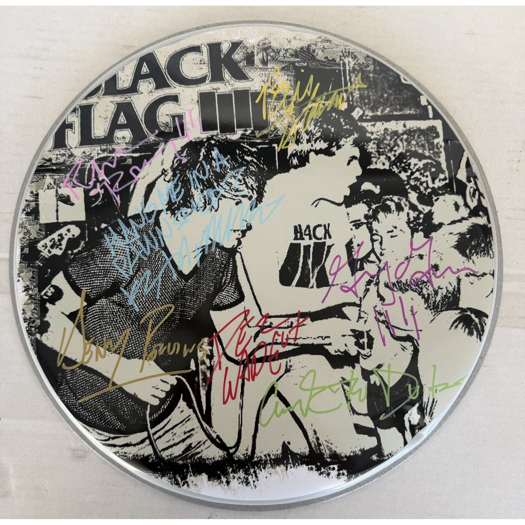Henry Rollins and Black Flag one-of-a-kind drumhead signed with proof.