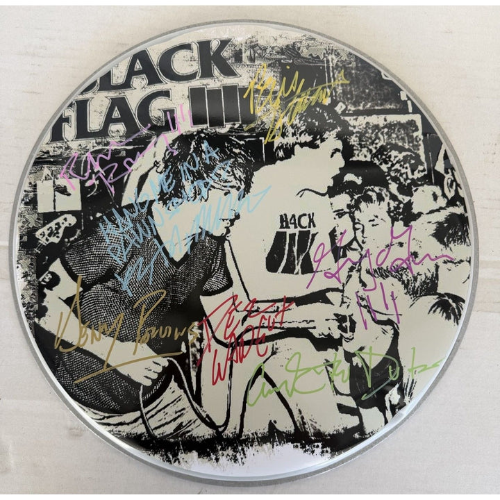 Henry Rollins and Black Flag one-of-a-kind drumhead signed with proof.