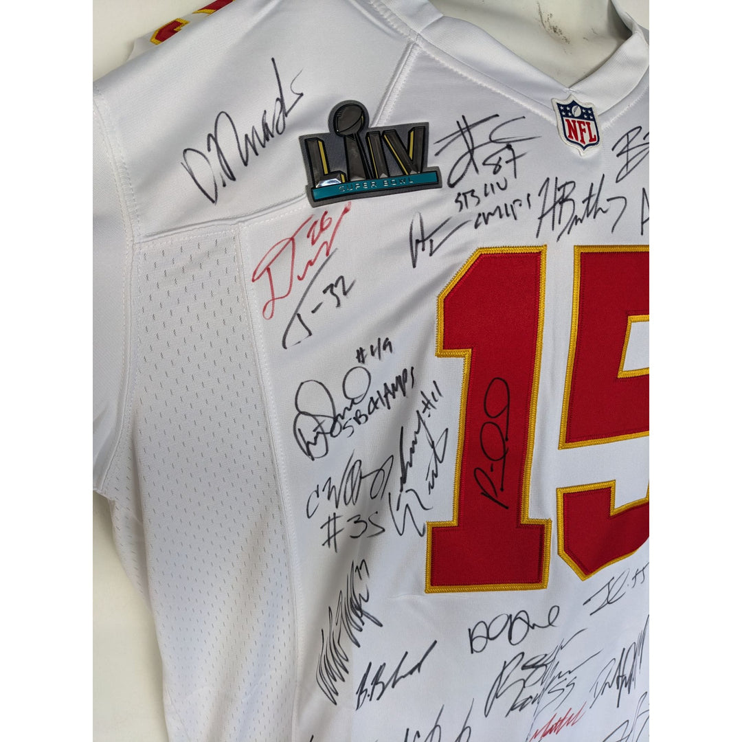 Kansas City Chiefs Patrick Mahomes Andy Reid, Travis Kelce, Tyreek Hill 2019-20 team game model jersey signed with proof