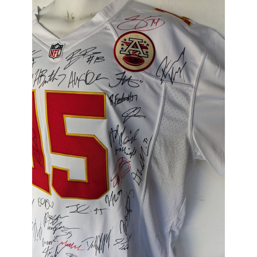 Kansas City Chiefs Patrick Mahomes Andy Reid, Travis Kelce, Tyreek Hill 2019-20 team game model jersey signed with proof
