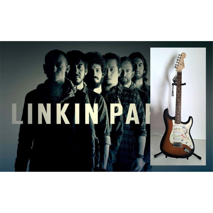 Linkin Park, Chester B, Mike Shinoda, Brad Delson, Dave Farrell, Joe Hahn, Rob Bourdon, Fender telecaster electric guitar signed with proof