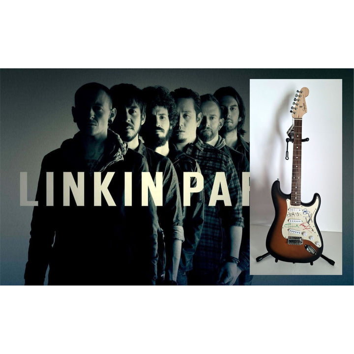 Linkin Park, Chester B, Mike Shinoda, Brad Delson, Dave Farrell, Joe Hahn, Rob Bourdon, Fender telecaster electric guitar signed with proof