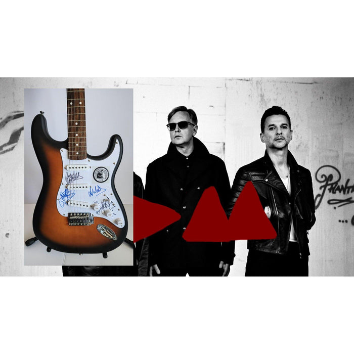 David Gahan, Martin Gore, Alan Wilder & Andy Fletcher, Depeche Mode, authentic Fender Stratocaster electric guitar signed with proof