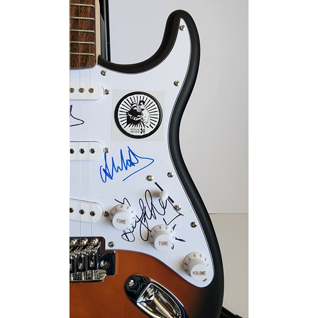 David Gahan, Martin Gore, Alan Wilder & Andy Fletcher, Depeche Mode, authentic Fender Stratocaster electric guitar signed with proof