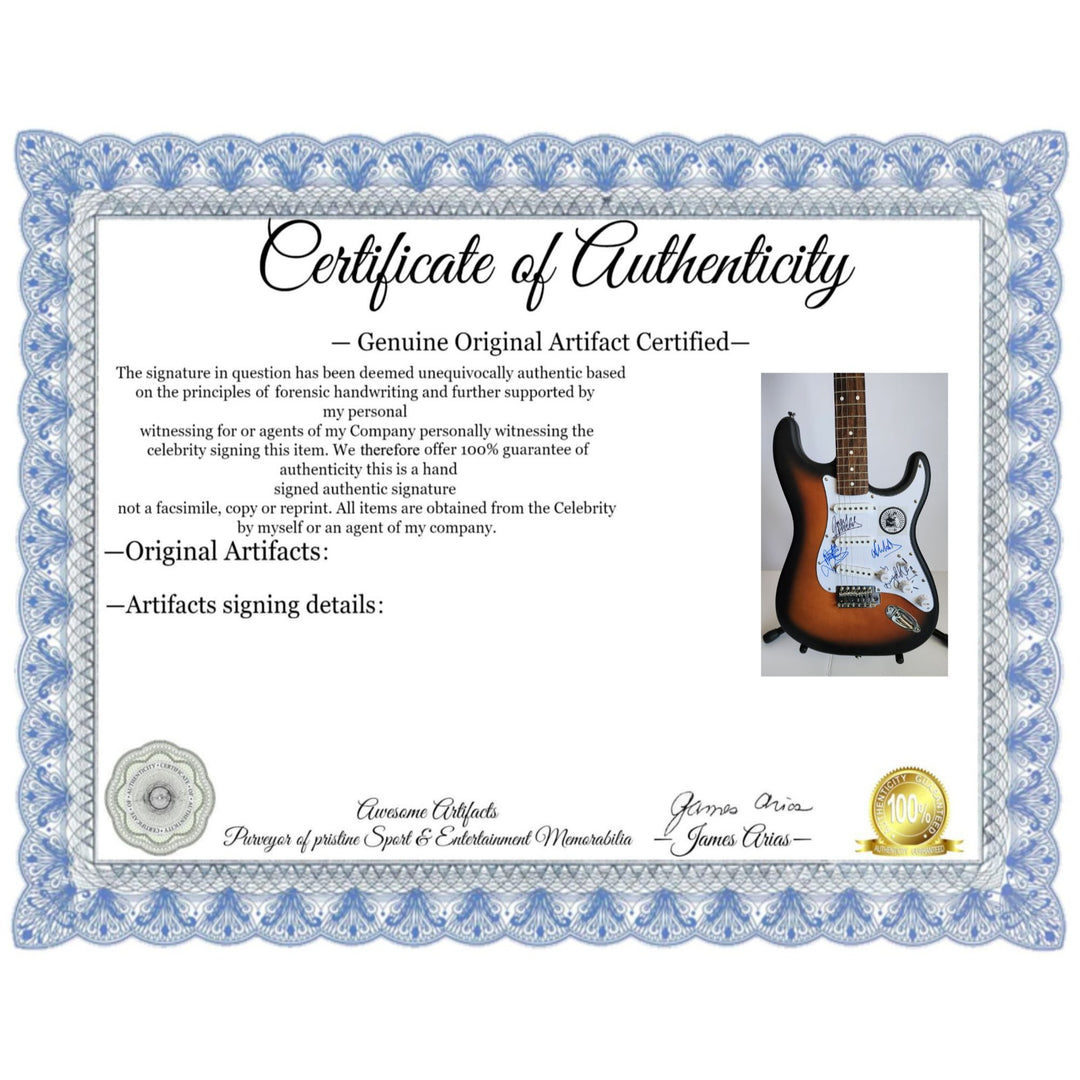 David Gahan, Martin Gore, Alan Wilder & Andy Fletcher, Depeche Mode, authentic Fender Stratocaster electric guitar signed with proof