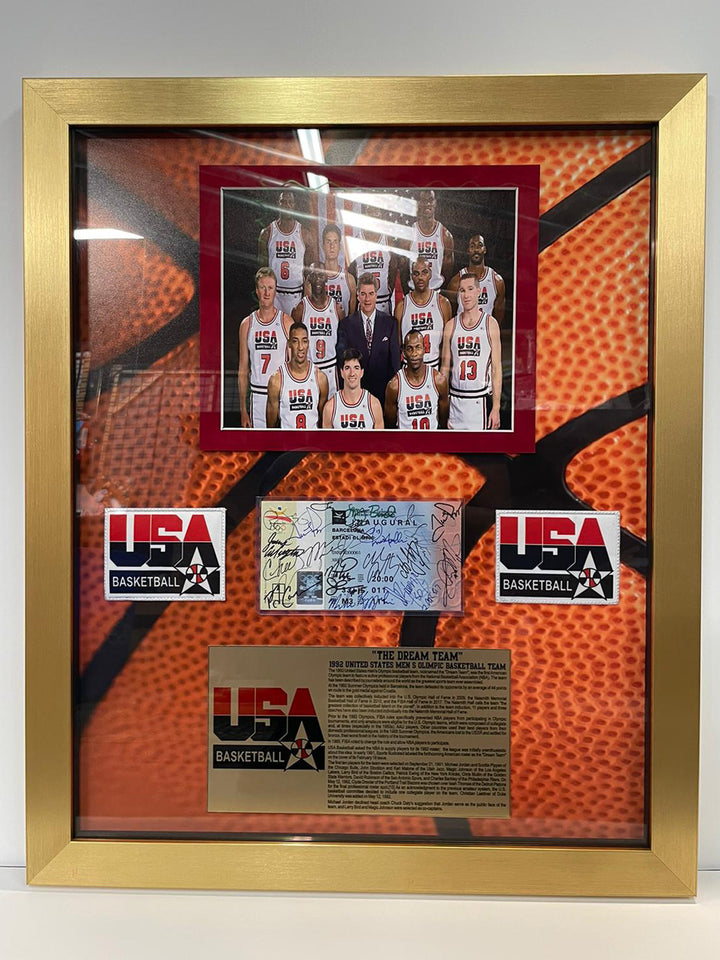 USA Dream Team 1992 Michael Jordan, Magic Johnson, Larry Bird Barcelona original ticket signed and framed 22x26 with proof