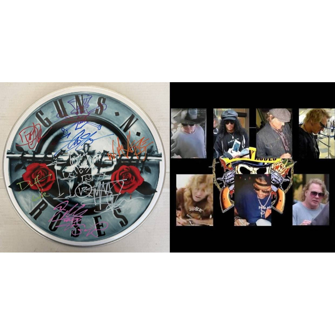 Axl Rose, Slash, Matt Sorum, Duff Mckagan, Steven Adler, Dizzy Reed, Guns N' Roses, one-of-a-kind, drumhead, signed with proof.