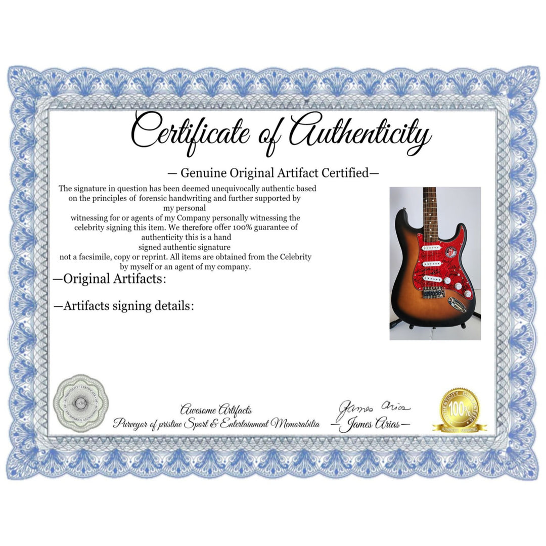 Mick Jagger, Keith Richards, Bill Wyman, Ronnie Wood, Mick Taylor, Charlie Watts Fender Stratocaster electric guitar signed with proof