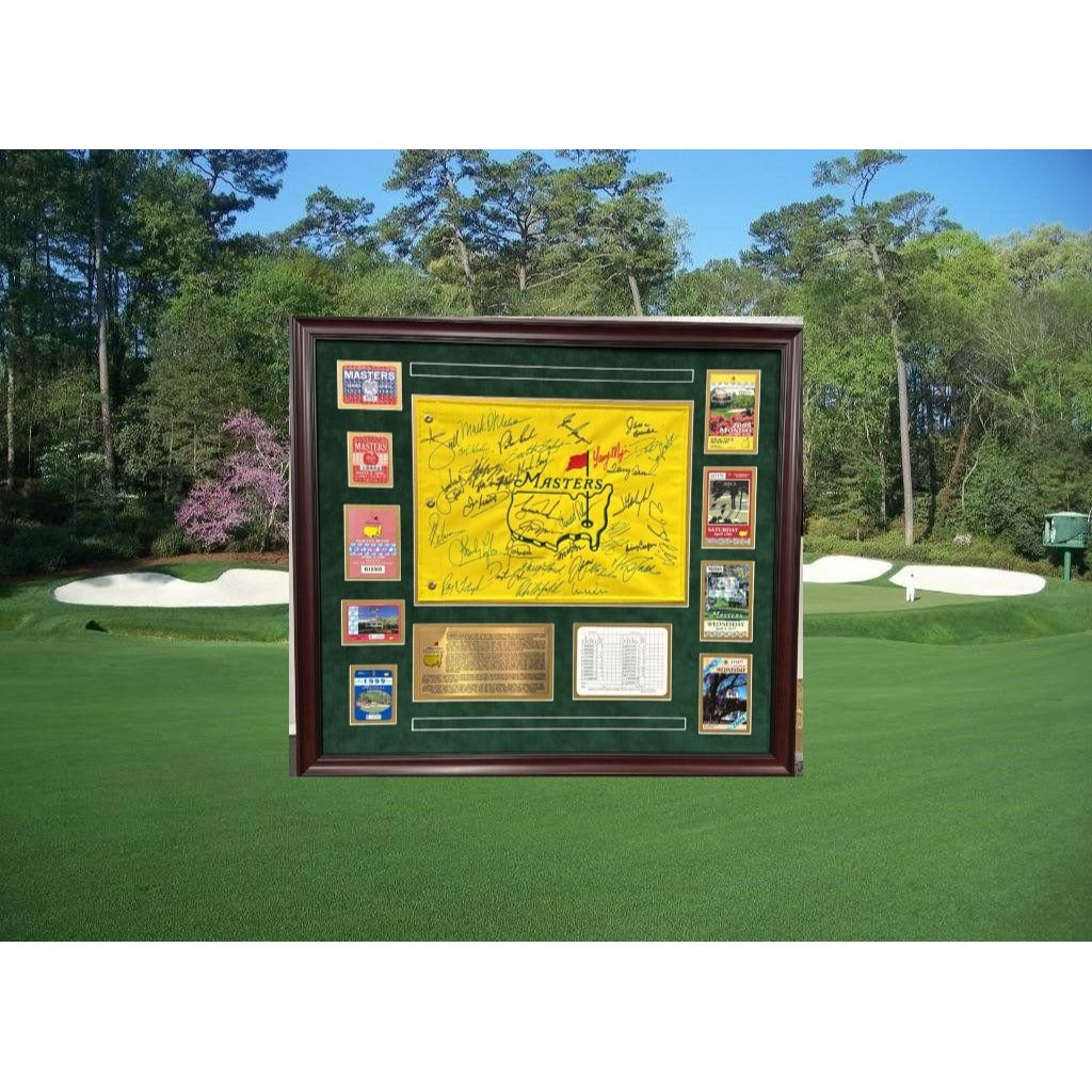 Masters Golf Tournament pin flag signed by 34 former Masters Champions and Masters Tourney original golf tickets & signing photo proof.