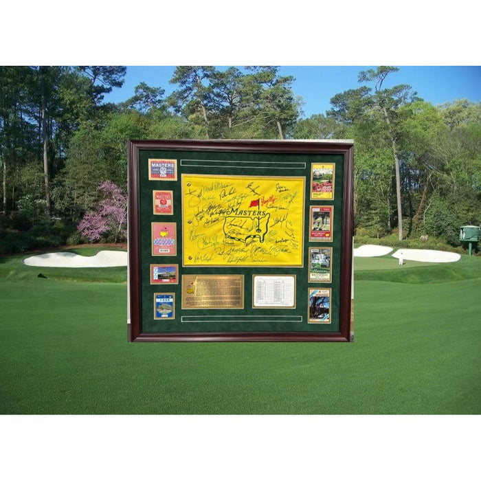 Masters Golf Tournament pin flag signed by 34 former Masters Champions and Masters Tourney original golf tickets & signing photo proof