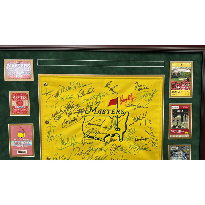 Masters Golf Tournament pin flag signed by 34 former Masters Champions and Masters Tourney original golf tickets & signing photo proof.