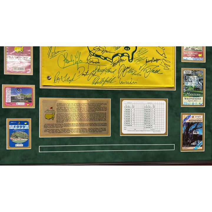 Masters Golf Tournament pin flag signed by 34 former Masters Champions and Masters Tourney original golf tickets & signing photo proof.