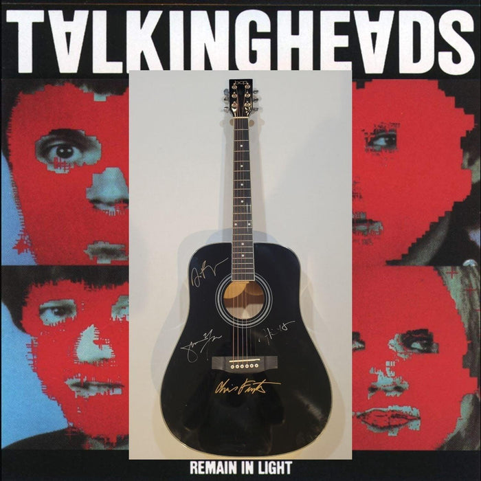 Talking Heads David Byrne, Jerry Harrison, Tina Weymouth, Chris Frantz full size acoustic guitar signed with proof