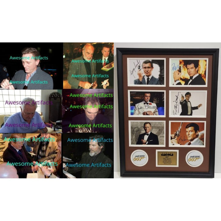 Roger Moore Pierce Brosnan Sean Connery James Bond 007 5x7 photos with Museum quality frame 22x28 signed with proof.