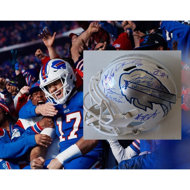 Buffalo Bills Josh Allen signed with inscription, James Cook, Dawson Knox, Khalil Shakir, Dalton Kinkaid, Keon Coleman Riddell helmet