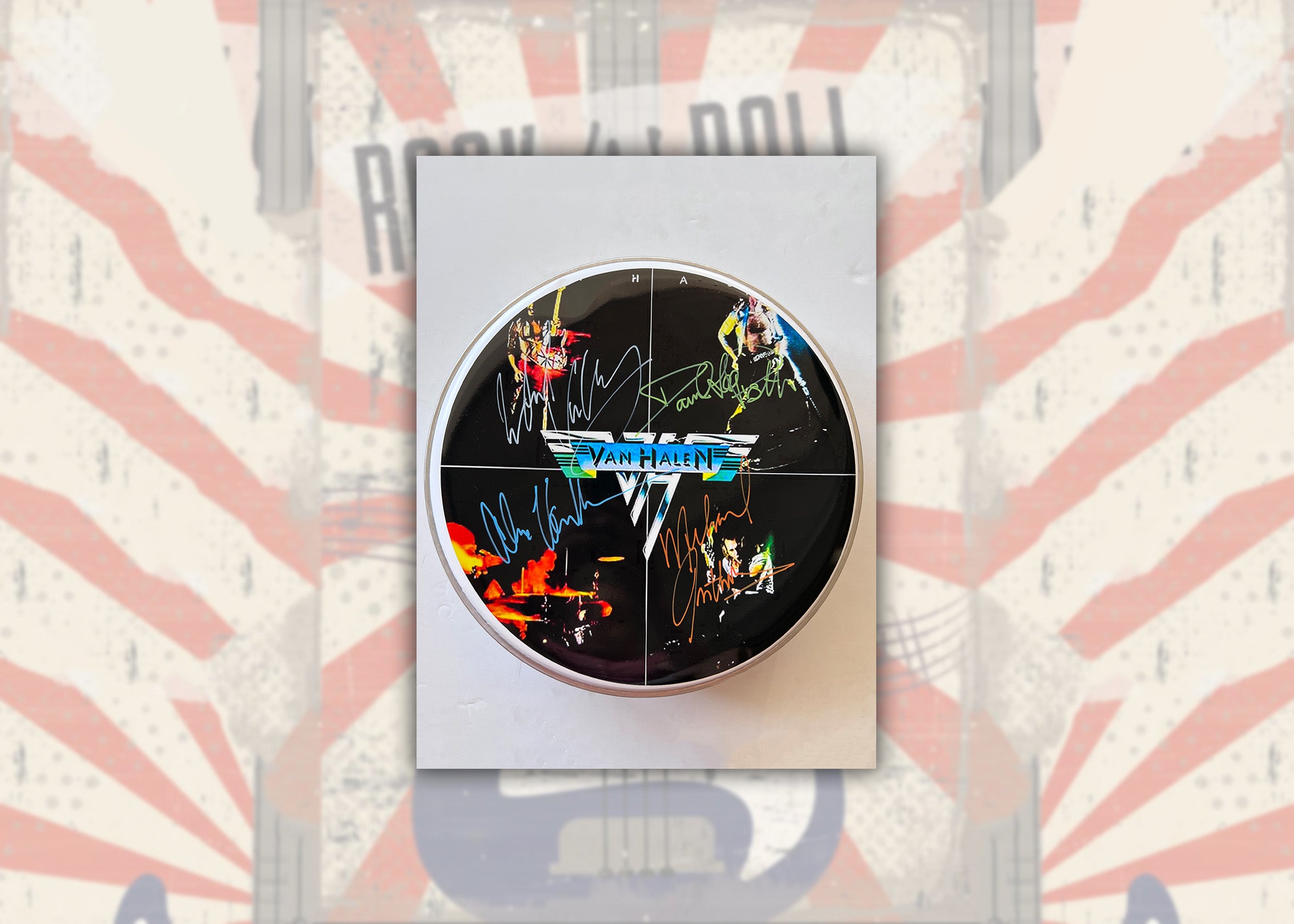 Van Halen Eddie Van Halen, David Lee Roth, Alex Van Halen, Michael Anthony one-of-a-kind drumhead signed with proof