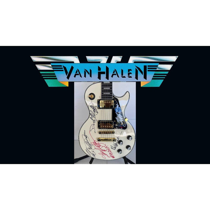Van Halen vintage white les paul electric guitar Eddie & Alex Van Halen, Michael Anthony, David Lee Roth Sammy Hagar signed with proof.