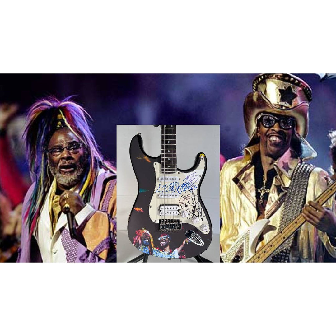 George Clinton and Bootsy Collins , Parliament Funkadelic band signed guitar with dog sketch & proof.