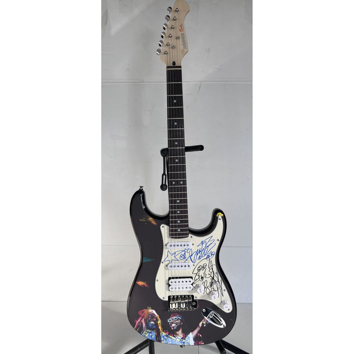 George Clinton and Bootsy Collins , Parliament Funkadelic band signed guitar with dog sketch & proof.