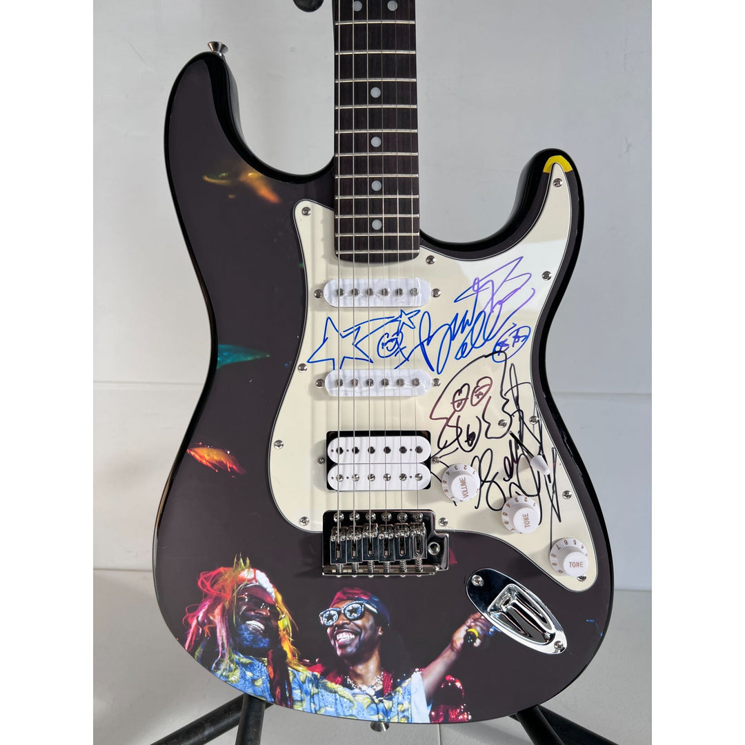 George Clinton and Bootsy Collins , Parliament Funkadelic band signed guitar with dog sketch & proof.