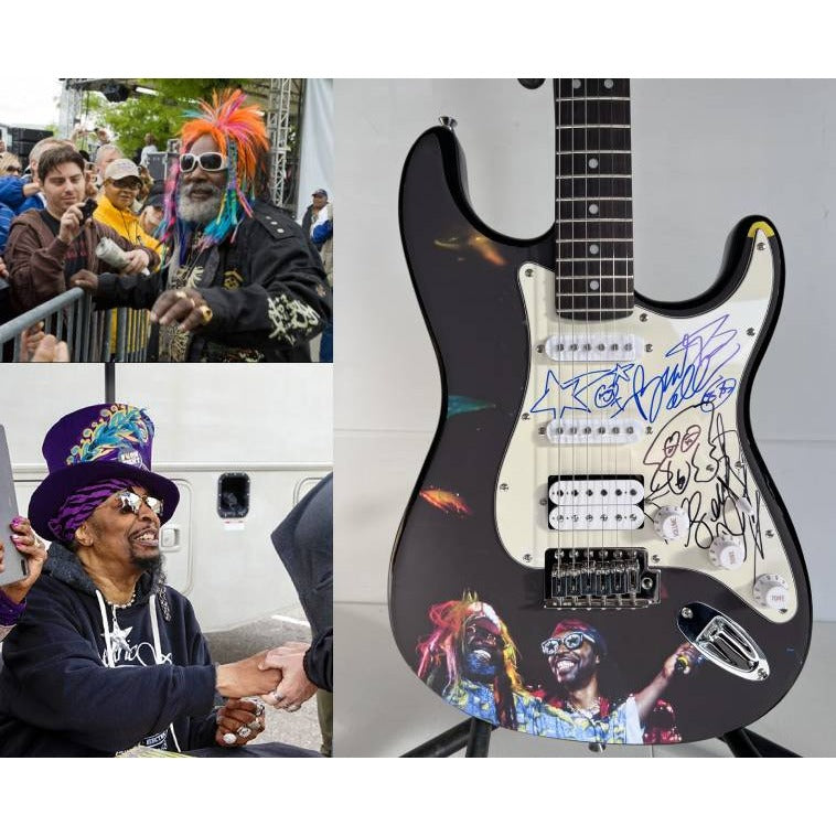 George Clinton and Bootsy Collins , Parliament Funkadelic band signed guitar with dog sketch & proof.
