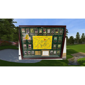 Tiger Woods., Sam Snead , Jack Nicklaus, 44 former Masters Champions pin flag signed with proof & museum quality frame 33x42.