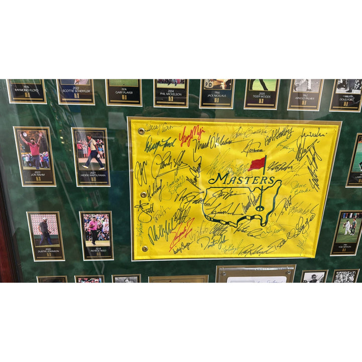 Tiger Woods., Sam Snead , Jack Nicklaus, 44 former Masters Champions pin flag signed with proof & museum quality frame 33x42..