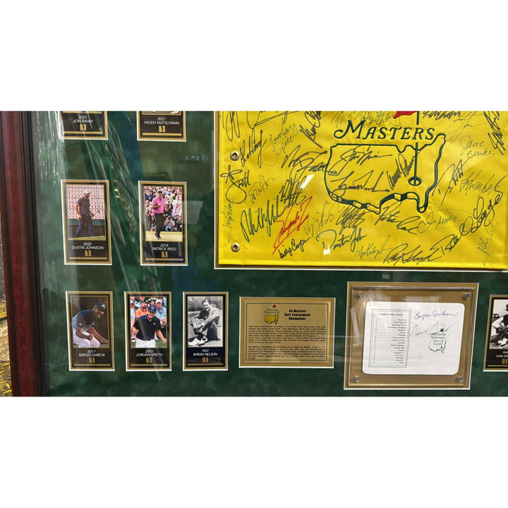 Tiger Woods., Sam Snead , Jack Nicklaus, 44 former Masters Champions pin flag signed with proof & museum quality frame 33x42..