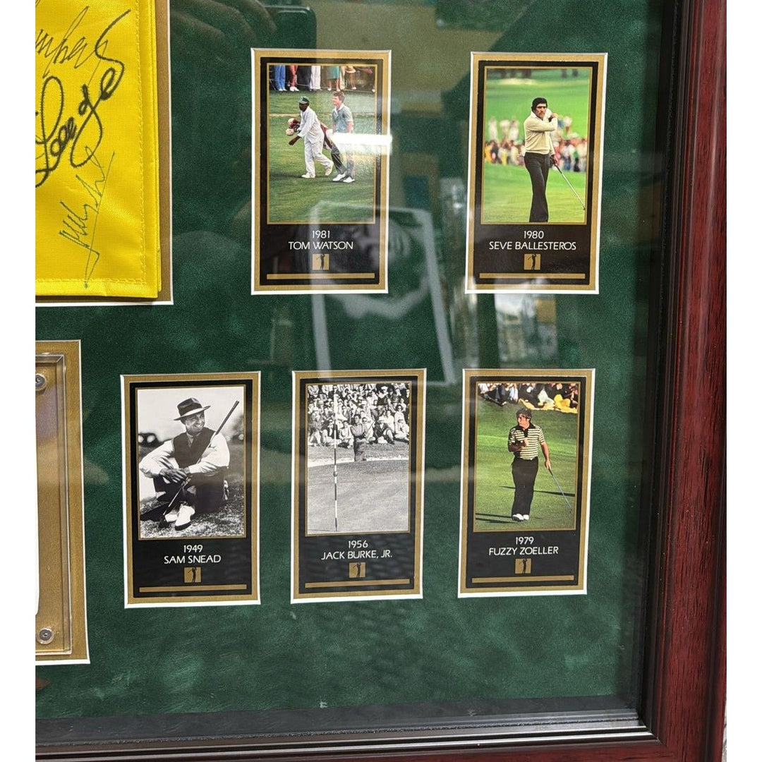 Tiger Woods., Sam Snead , Jack Nicklaus, 44 former Masters Champions pin flag signed with proof & museum quality frame 33x42..