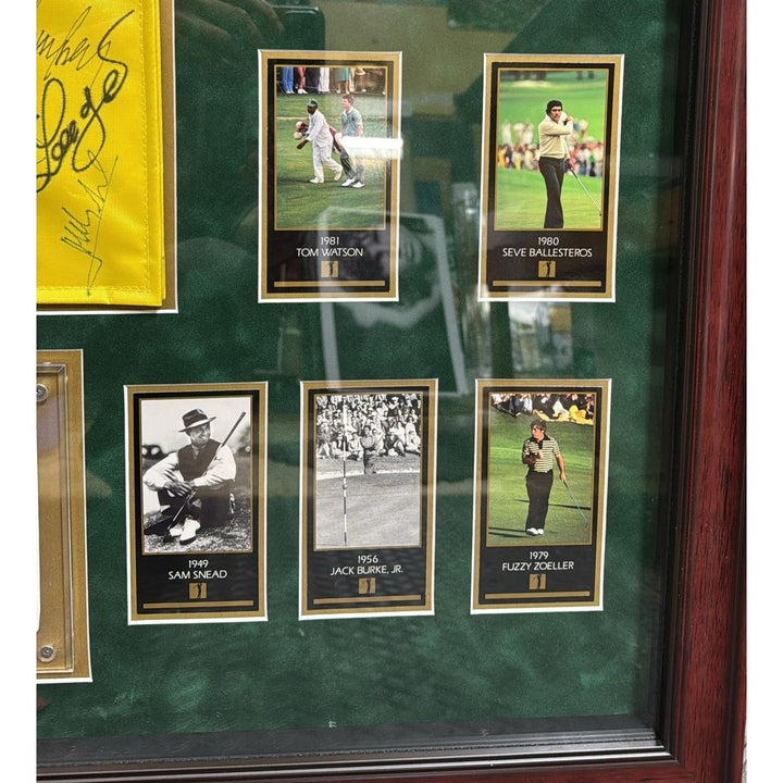 Tiger Woods., Sam Snead , Jack Nicklaus, 44 former Masters Champions pin flag signed with proof & museum quality frame 33x42..