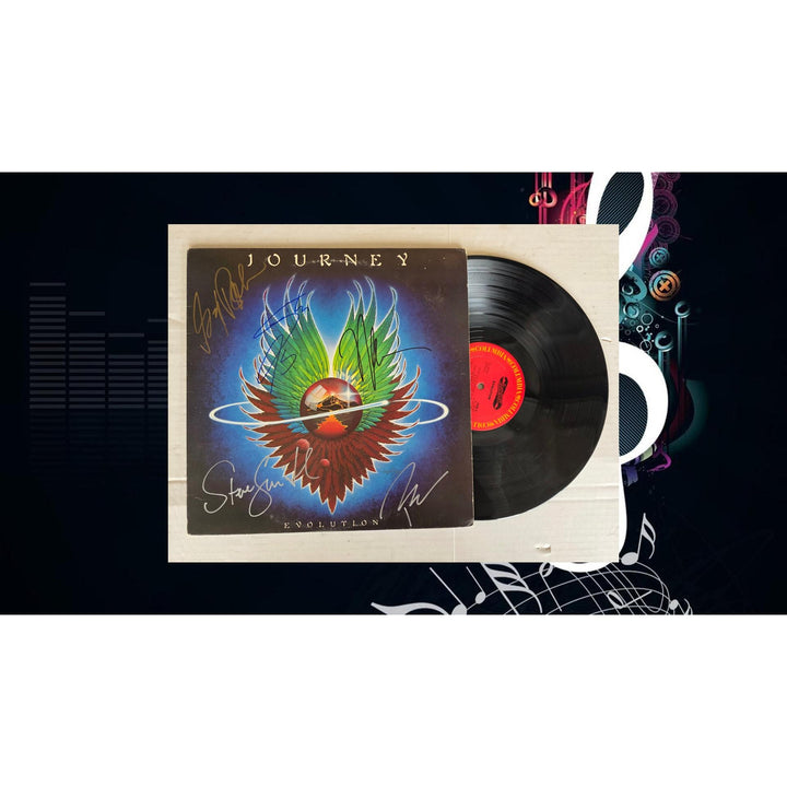 Neal Schon, Ross Valory, Jonathan Cain, Greg Rowley Steve Perry Journey "Evolution" album signed with proof.