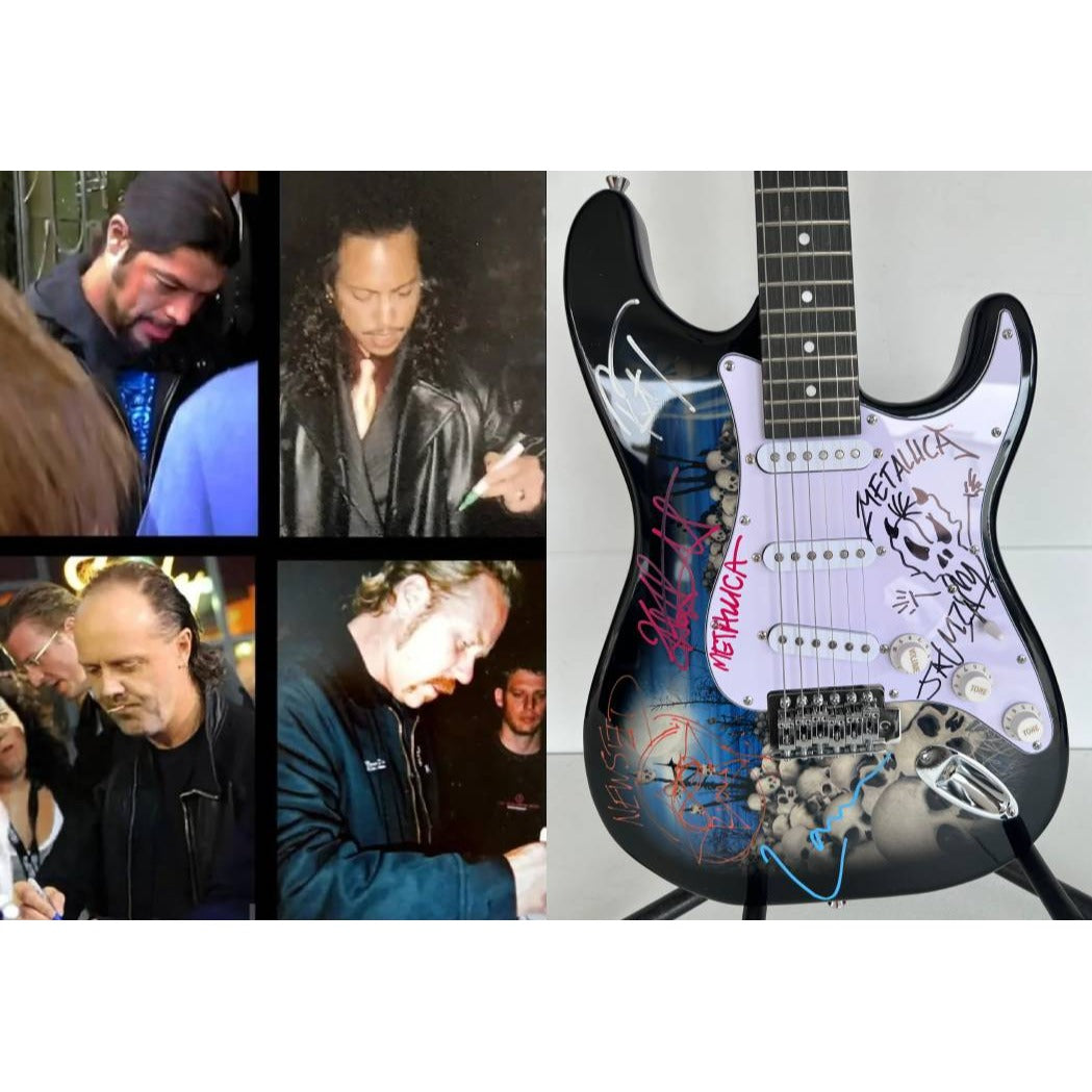 Metallica James Hetfield Lars Ulrich Robert Trujillo Jason Newsted kirk hammett electric guitar signed with proof.