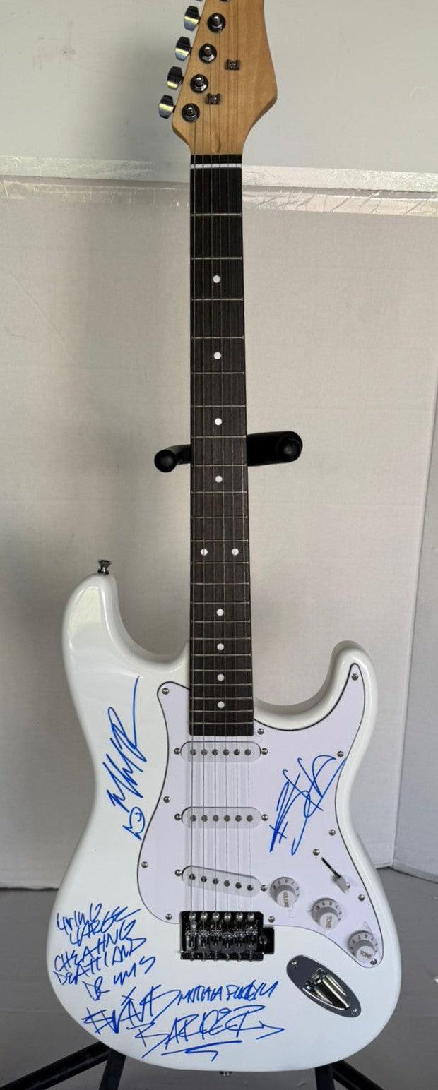 Blink 182 Travis Barker signed with inscription, Mark Hoppus, Tom DeLonge , Matt Skiba stratocaster electric guitar signed with proof