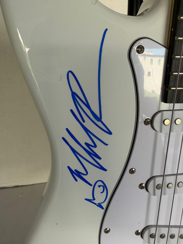 Blink 182 Travis Barker signed with inscription, Mark Hoppus, Tom DeLonge , Matt Skiba stratocaster electric guitar signed with proof