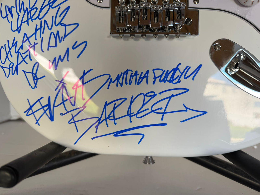 Blink 182 Travis Barker signed with inscription, Mark Hoppus, Tom DeLonge , Matt Skiba stratocaster electric guitar signed with proof