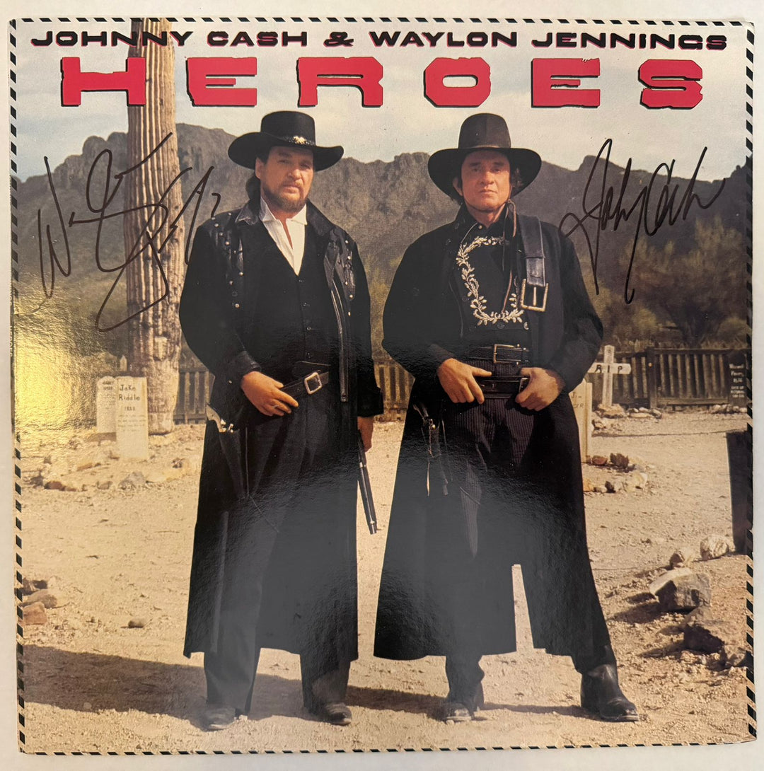 Waylon Jennings and Johnny Cash Heroes original LP cover  signed with proof