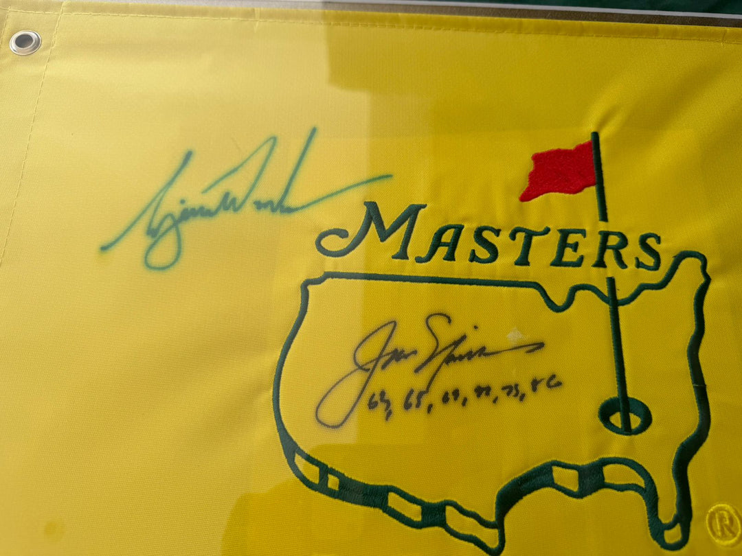 Tiger Woods and Jack Nicklaus Masters Golf pin flag signed and framed 29x31 with proof.