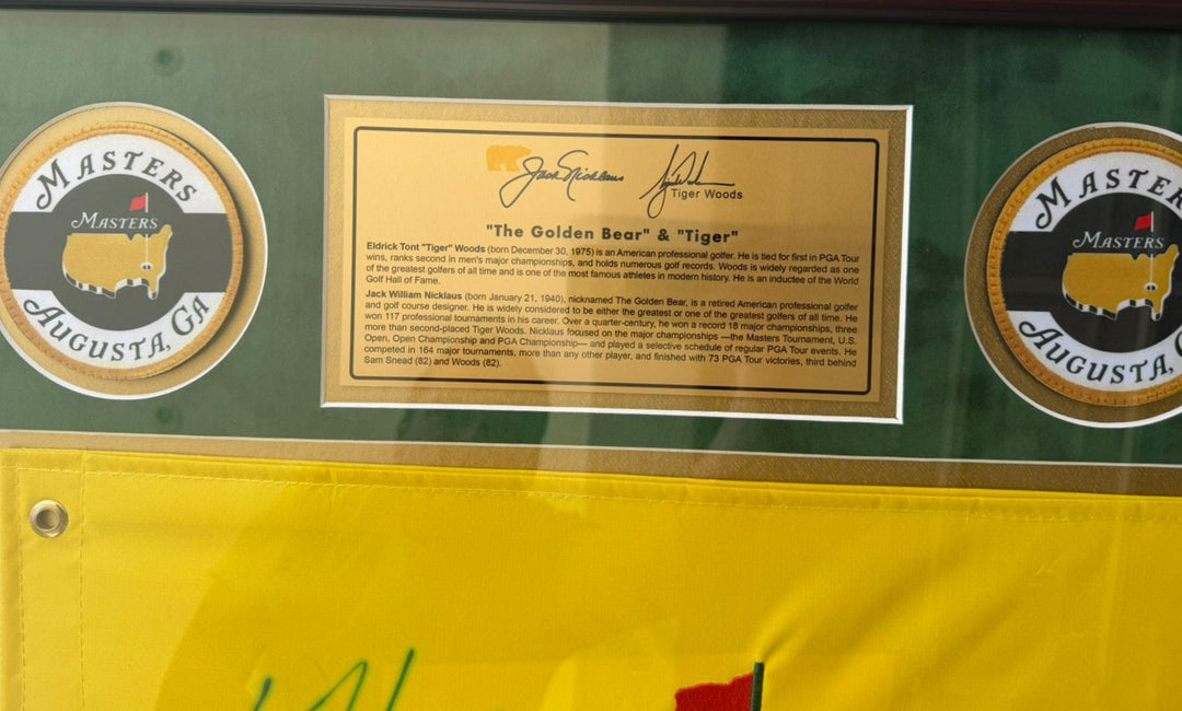 Tiger Woods and Jack Nicklaus Masters Golf pin flag signed and framed 29x31 with proof.