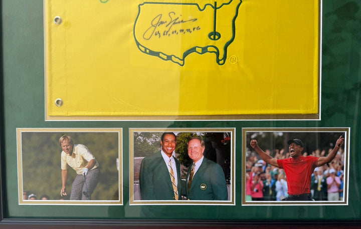 Tiger Woods and Jack Nicklaus Masters Golf pin flag signed and framed 29x31 with proof.
