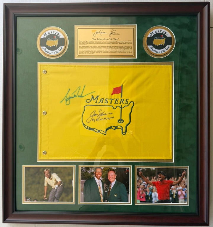 Tiger Woods and Jack Nicklaus Masters Golf pin flag signed and framed 29x31 with proof.