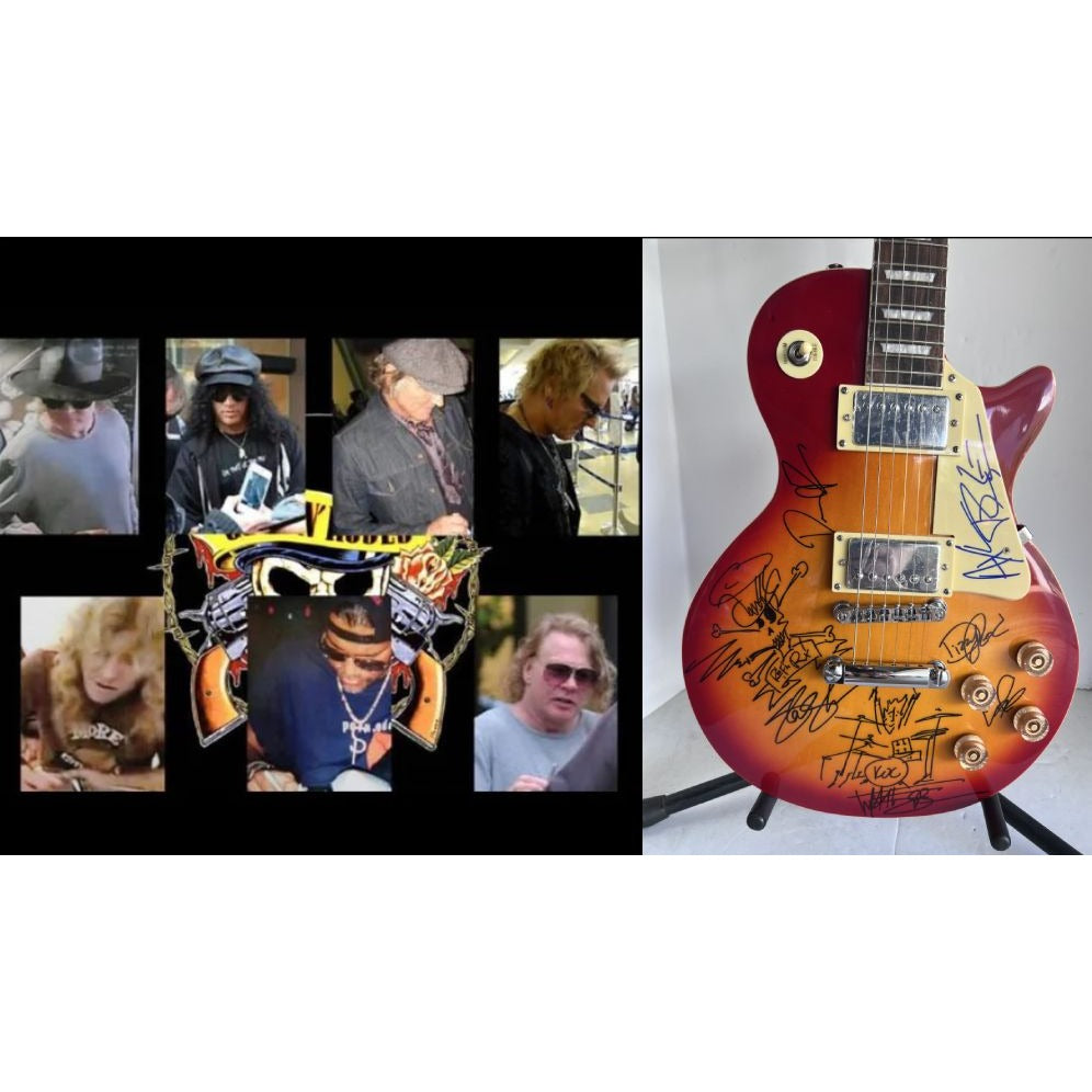 Guns N' Roses Axl Rose Slash Matt Sorum Izzy Stradlin Duff Mckagan Dizzy Reed full band Gold Les Paul electric guitar signed with proof