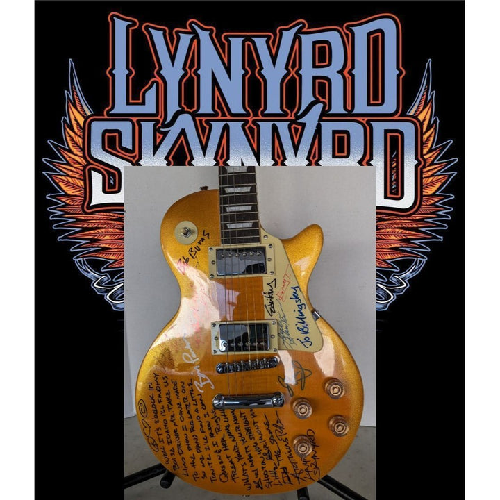 Lynrd Skynyrd black les paul electric guitar signed by 10 with lyrics incredible!