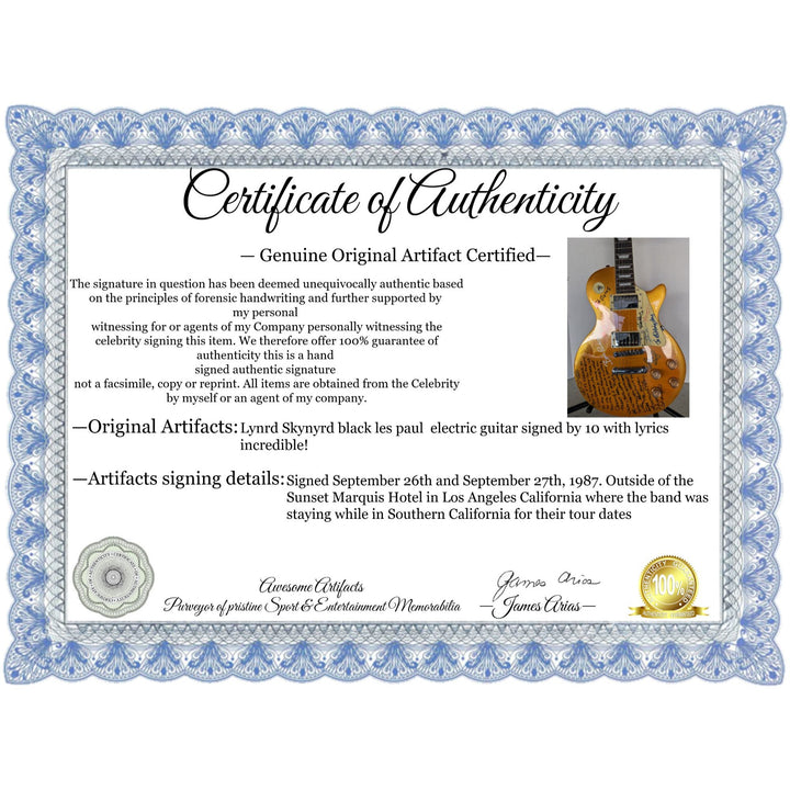 Lynrd Skynyrd black les paul electric guitar signed by 10 with lyrics incredible!