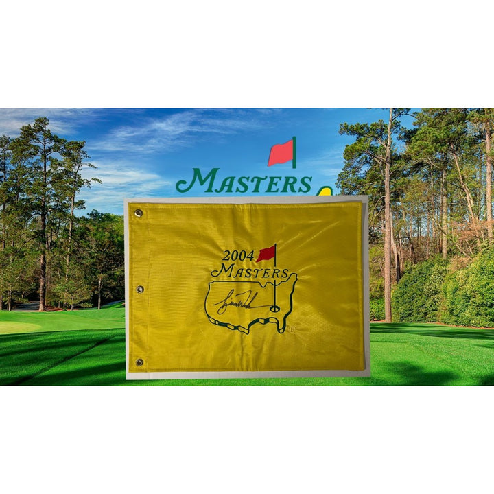 Tiger Woods 2004 Masters Champion embroidered 2004 Master Golf flag signed with photo proof