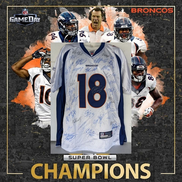 Denver Broncos 2015- 2016 Super Bowl champs Peyton Manning, John Elway, Von Miller team signed jersey with proof