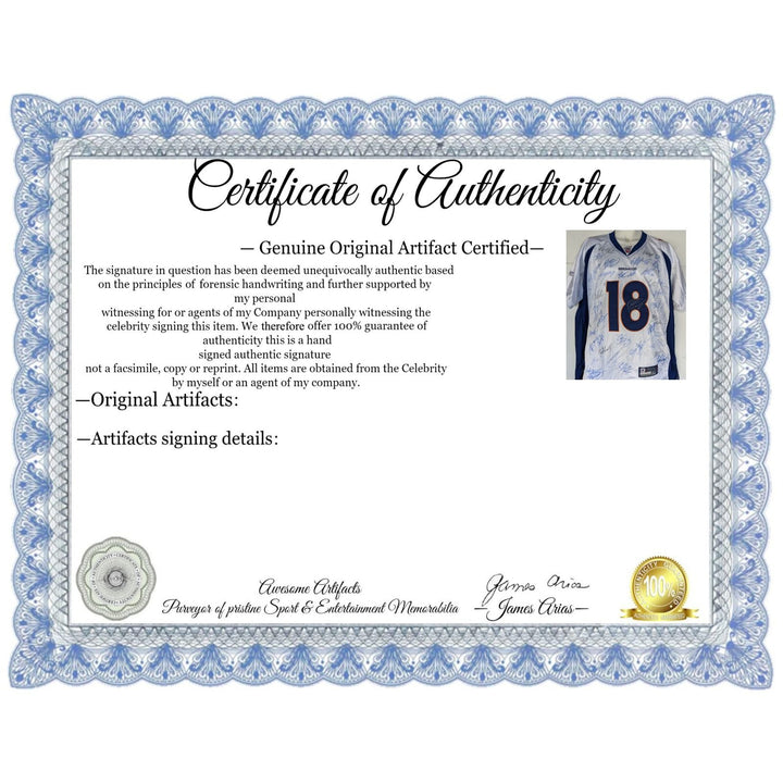 Denver Broncos 2015- 2016 Super Bowl champs Peyton Manning, John Elway, Von Miller team signed jersey with proof