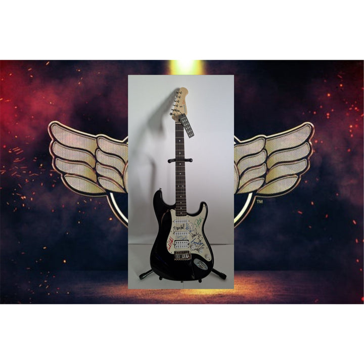 Bruce Hall, Dave Matto, Gary Richrath, Kevin Cronin, Neal Dought, REO Speedwago Fender Stratocaster Squier electric guitar signed with proof